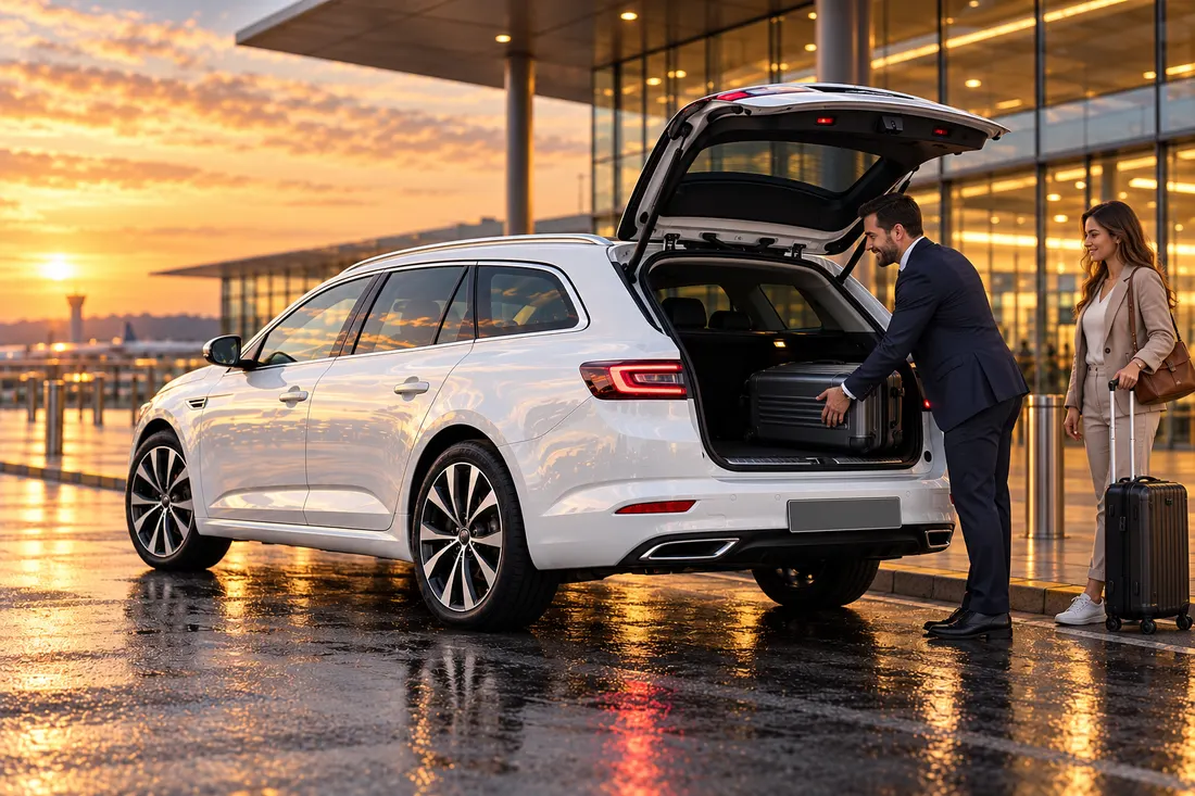 Șoferul pune bagajul în portbagajul unui Renault Talisman alb, la aeroport